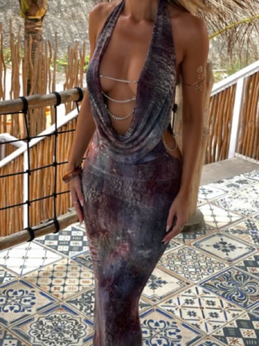 Backless Chain-Detail Cowl Maxi Dress in Multi-Tone